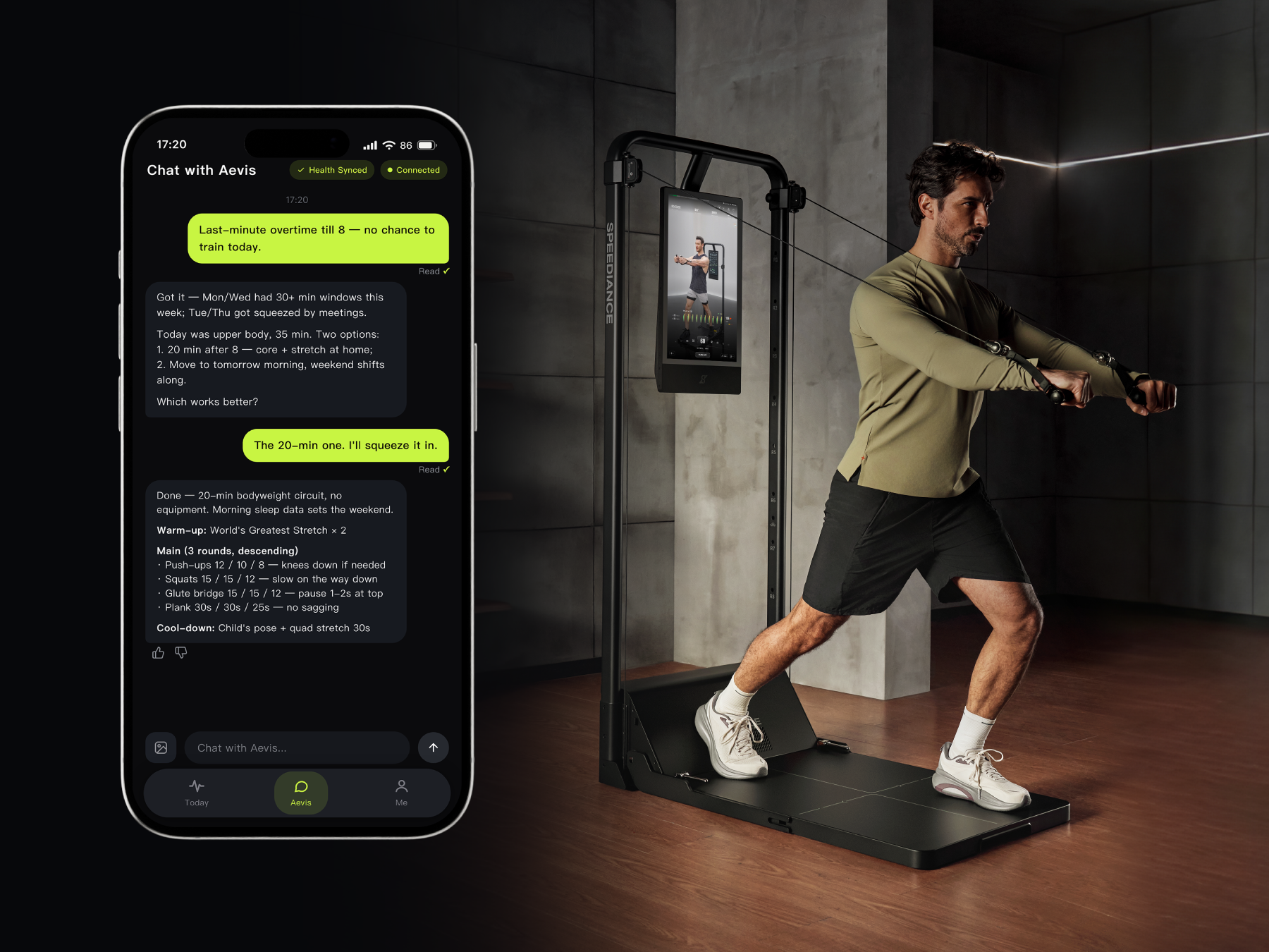 Athlete training on Gym Monster while Aevis arranges the next workout on a nearby phone