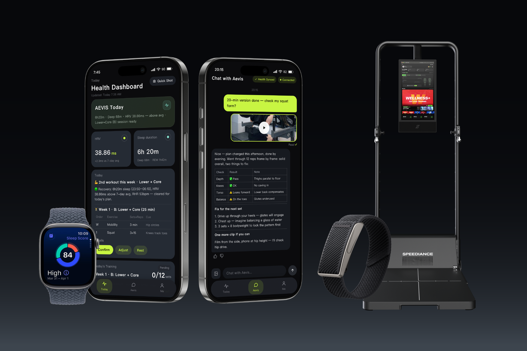 Aevis Health Dashboard on iPhone, connected with Apple Watch, training equipment, coffee and a meal
